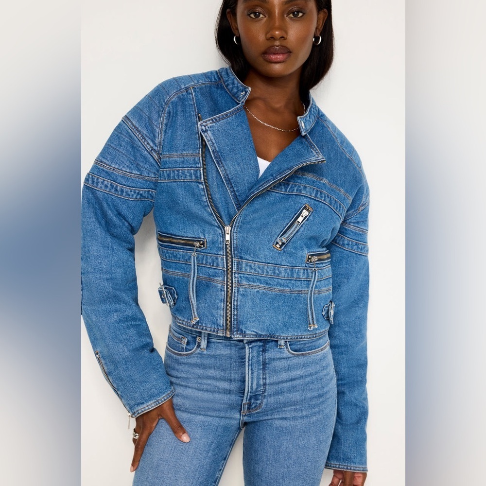 NWT Good American Cropped Denim Moto Jacket M | Zip Detail | Trendy